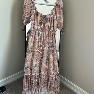 Wild Moss Pink and Tan Tiered Maxi Dress with Puff Sleeves